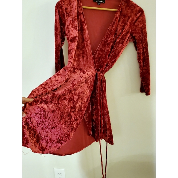 Lulu's Wine Velvet Wrap Dress 3/4 Sleeves - Picture 2 of 6
